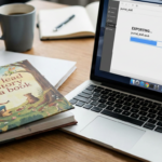 Laptop displaying an eBook export beside a personalised storybook on a desk