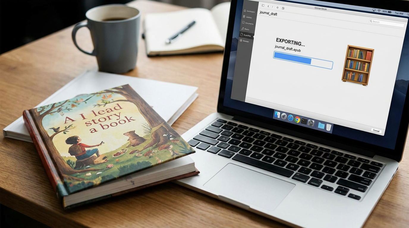 Laptop displaying an eBook export beside a personalised storybook on a desk