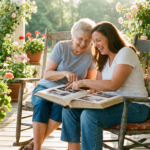 A young woman sitting with her grandmother, having a memory book in hand and revisiting memories through the book.