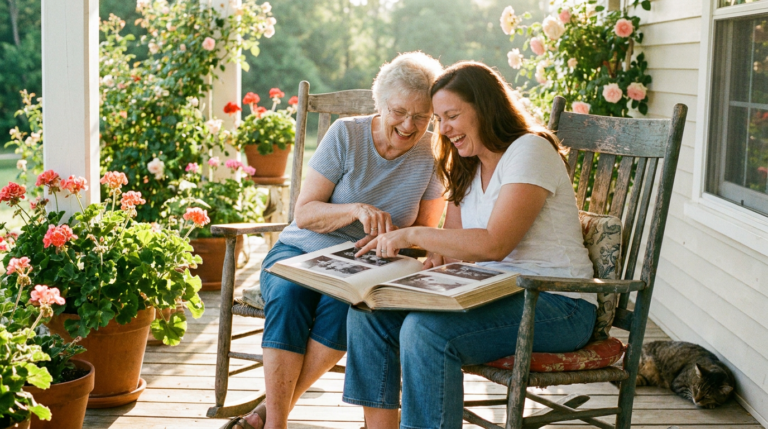 A young woman sitting with her grandmother, having a memory book in hand and revisiting memories through the book.