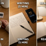 10-minute evening journaling routine with 2 minutes settling, 5 minutes writing, and 3 minutes reading back