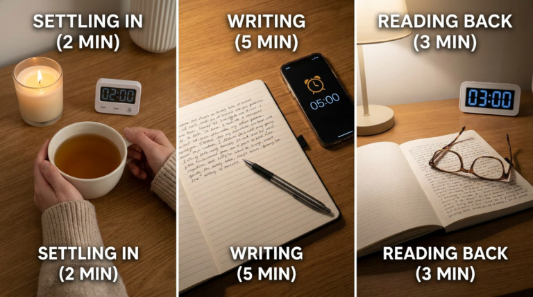 10-minute evening journaling routine with 2 minutes settling, 5 minutes writing, and 3 minutes reading back