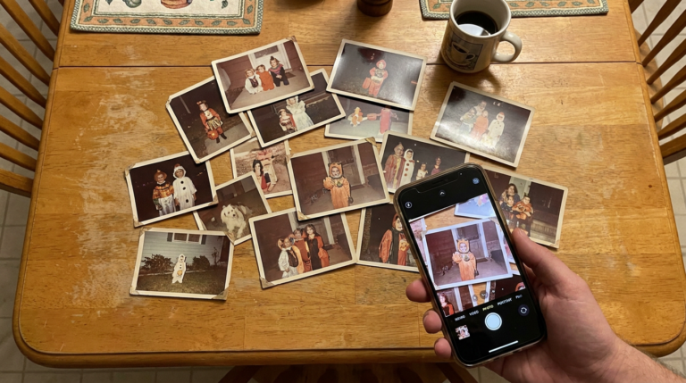 Old Halloween photos spread across a table with a smartphone capturing a family costume photo