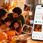 Family celebrating autumn traditions together while using Lugelo to capture photos, videos, voice notes, and journal entries on a smartphone.