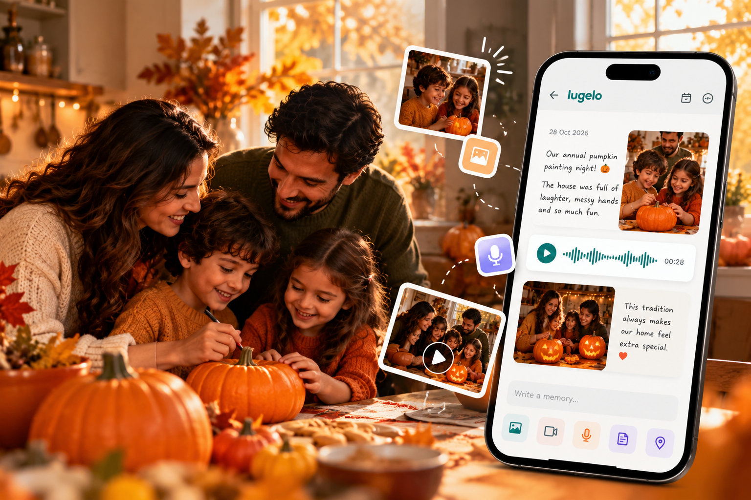 Family celebrating autumn traditions together while using Lugelo to capture photos, videos, voice notes, and journal entries on a smartphone.