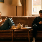 Two people sitting on a sofa in a living room, both looking at their smartphones instead of interacting with each other.