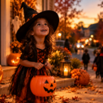 Young child dressed as a witch standing on a decorated porch with a pumpkin candy bucket, glowing jack-o'-lanterns, autumn leaves, and trick-or-treaters in the background.