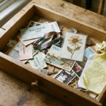 A wooden drawer filled with old tickets, travel postcards, photographs, paper keepsakes and handwritten notes collected over the years.