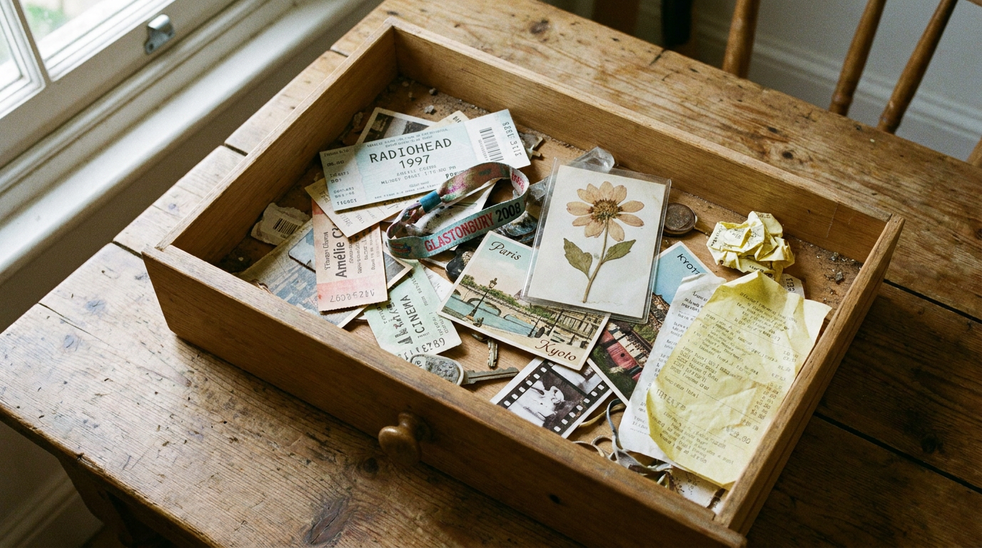A wooden drawer filled with old tickets, travel postcards, photographs, paper keepsakes and handwritten notes collected over the years.