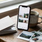 Smartphone displaying a collection of personal photos beside printed photographs, a blank journal and a coffee mug on a wooden table.