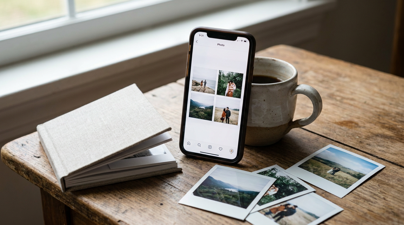 Smartphone displaying a collection of personal photos beside printed photographs, a blank journal and a coffee mug on a wooden table.